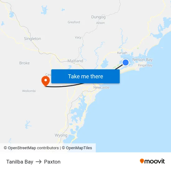 Tanilba Bay to Paxton map
