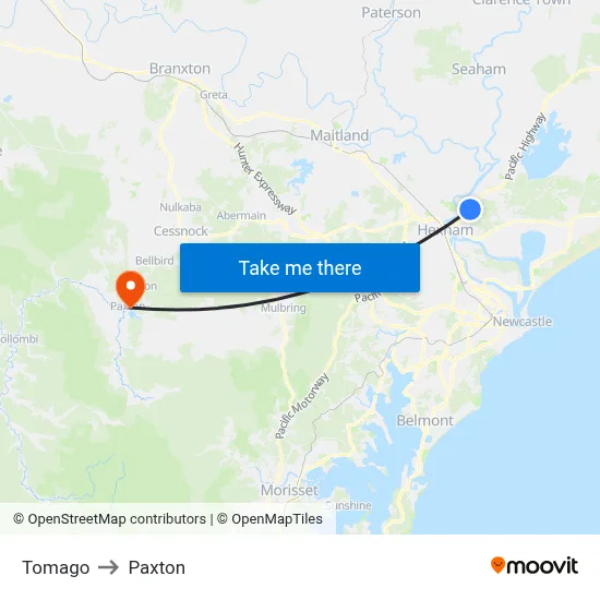 Tomago to Paxton map