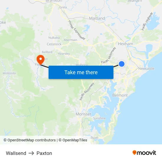 Wallsend to Paxton map
