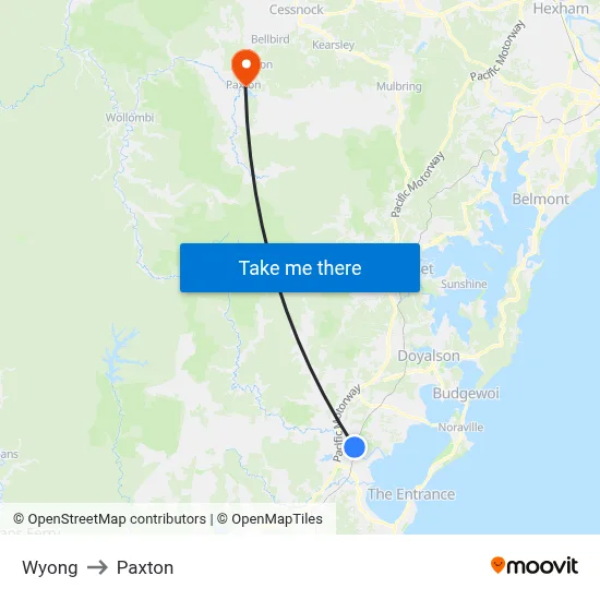 Wyong to Paxton map