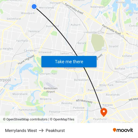 Merrylands West to Peakhurst map