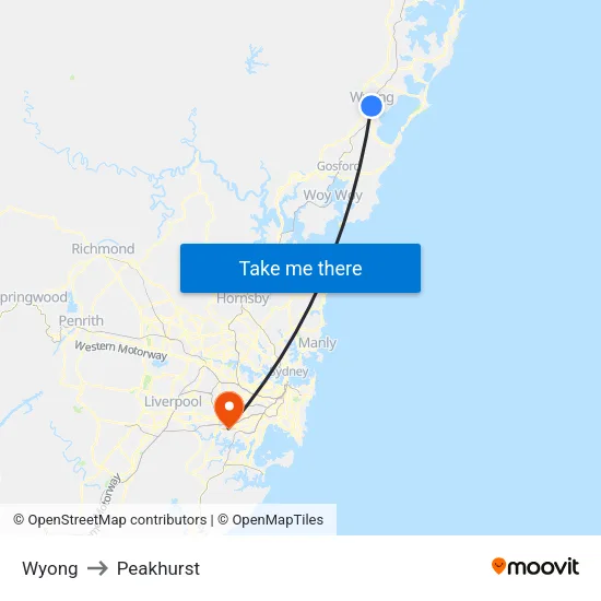 Wyong to Peakhurst map