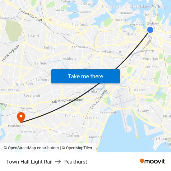 Town Hall Light Rail to Peakhurst map