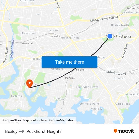 Bexley to Peakhurst Heights map