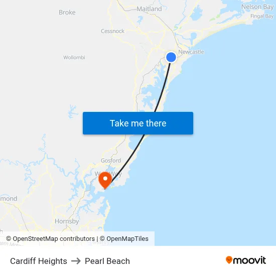 Cardiff Heights to Pearl Beach map