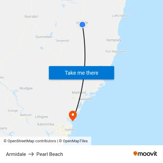 Armidale to Pearl Beach map