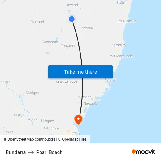 Bundarra to Pearl Beach map