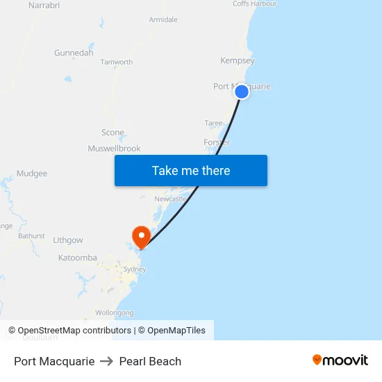 Port Macquarie to Pearl Beach map