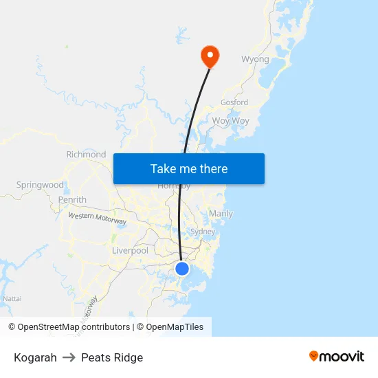 Kogarah to Peats Ridge map