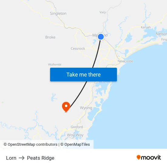 Lorn to Peats Ridge map