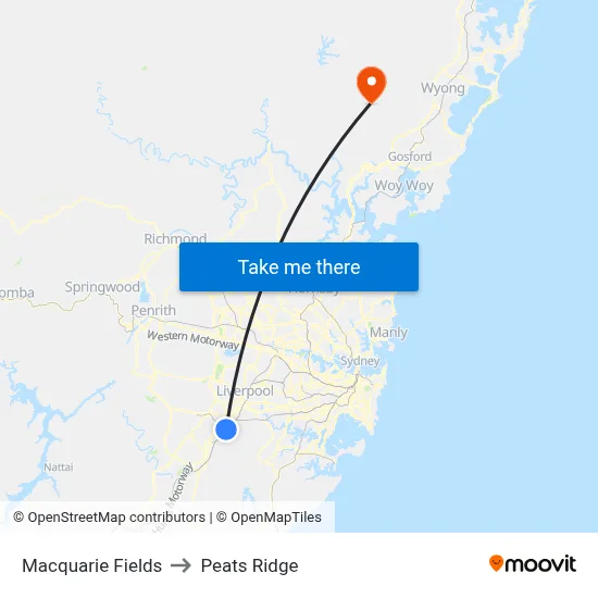 Macquarie Fields to Peats Ridge map