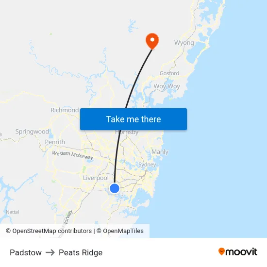 Padstow to Peats Ridge map