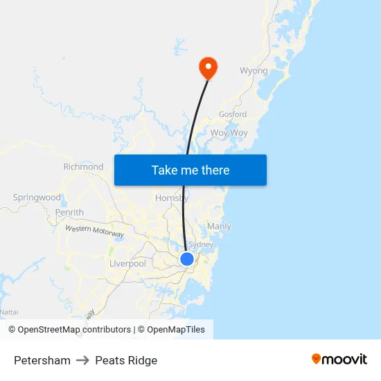 Petersham to Peats Ridge map