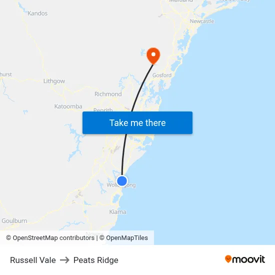 Russell Vale to Peats Ridge map