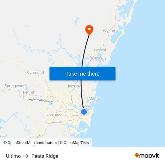 Ultimo to Peats Ridge map