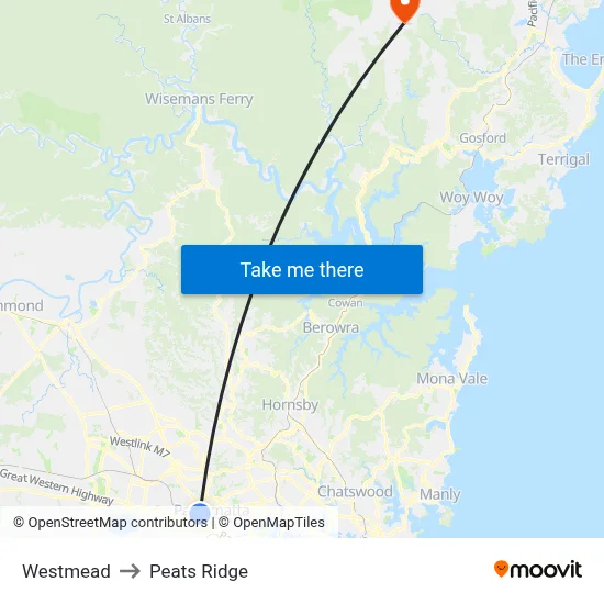 Westmead to Peats Ridge map