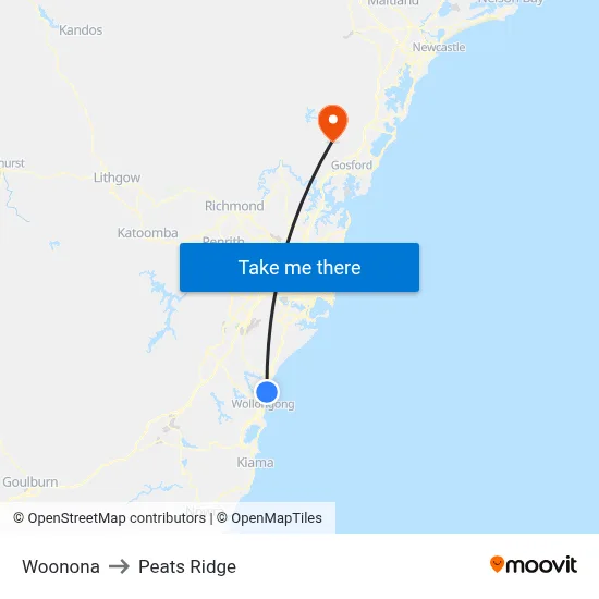 Woonona to Peats Ridge map
