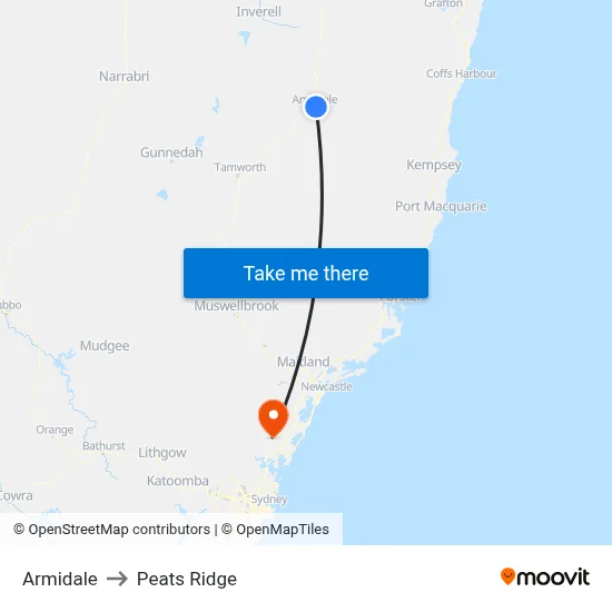 Armidale to Peats Ridge map