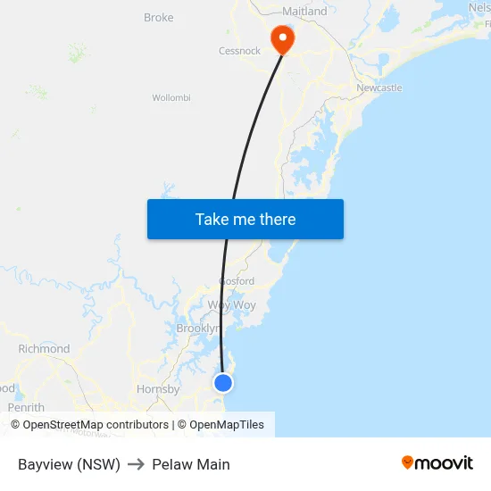 Bayview (NSW) to Pelaw Main map