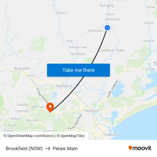 Brookfield (NSW) to Pelaw Main map
