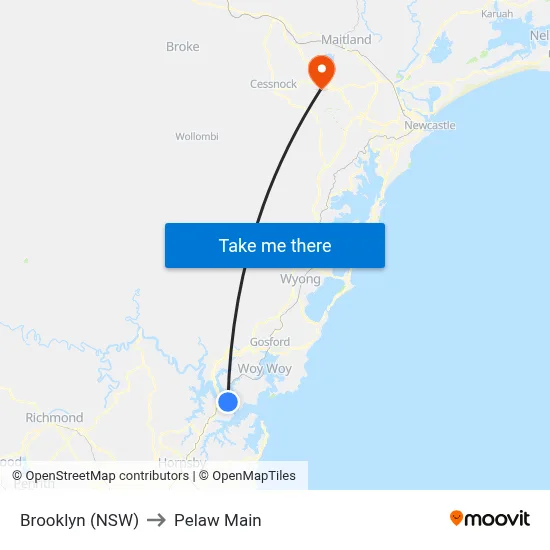 Brooklyn (NSW) to Pelaw Main map