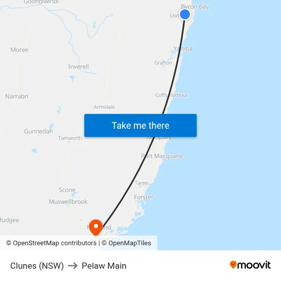 Clunes (NSW) to Pelaw Main map