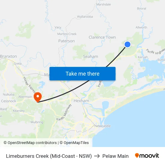 Limeburners Creek (Mid-Coast - NSW) to Pelaw Main map