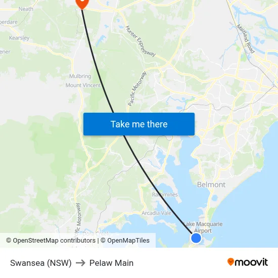 Swansea (NSW) to Pelaw Main map