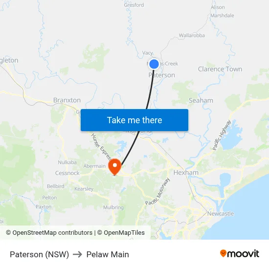 Paterson (NSW) to Pelaw Main map