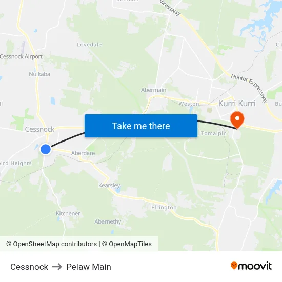 Cessnock to Pelaw Main map