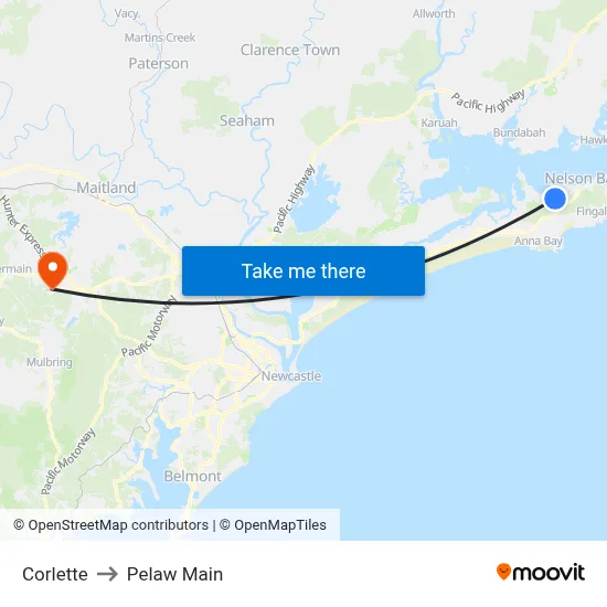 Corlette to Pelaw Main map