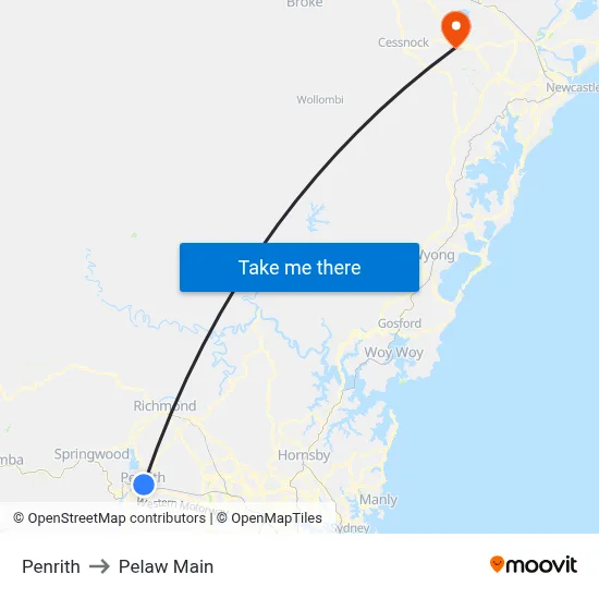 Penrith to Pelaw Main map