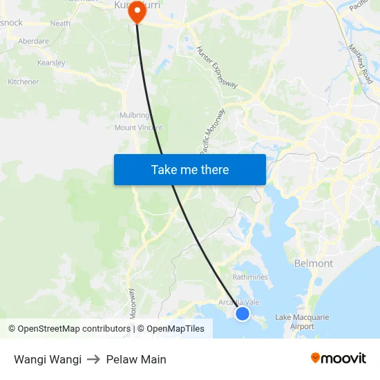 Wangi Wangi to Pelaw Main map