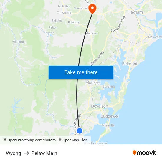 Wyong to Pelaw Main map