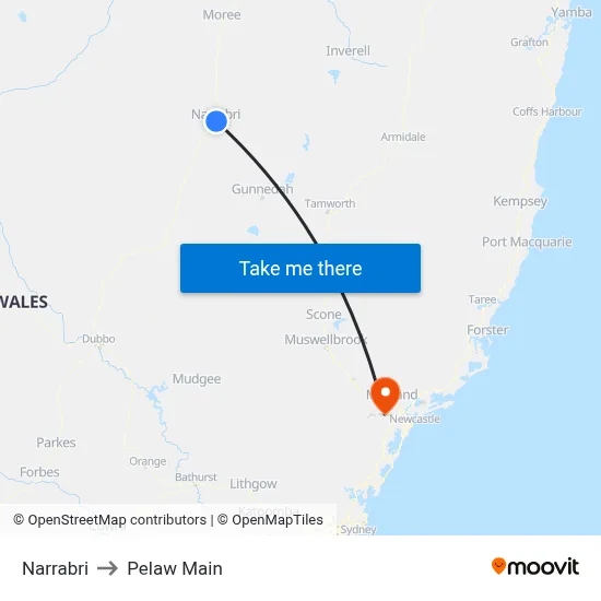Narrabri to Pelaw Main map