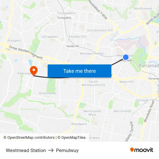 Westmead Station to Pemulwuy map