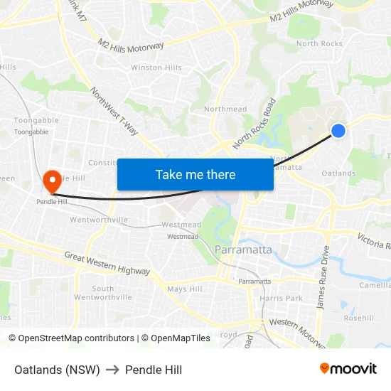 Oatlands (NSW) to Pendle Hill map