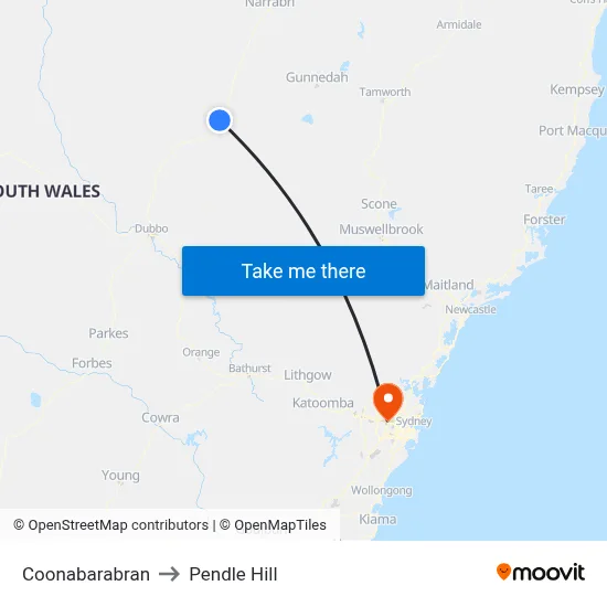 Coonabarabran to Pendle Hill map