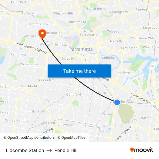 Lidcombe Station to Pendle Hill map