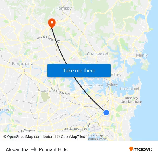 Alexandria to Pennant Hills map