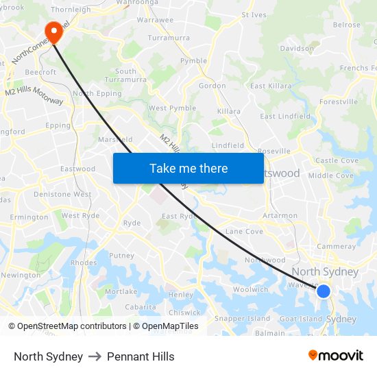 North Sydney to Pennant Hills map