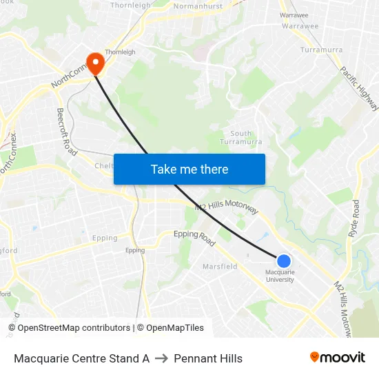 Macquarie Centre Stand A to Pennant Hills map