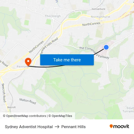 Sydney Adventist Hospital to Pennant Hills map