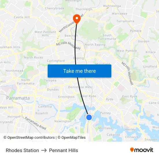 Rhodes Station to Pennant Hills map