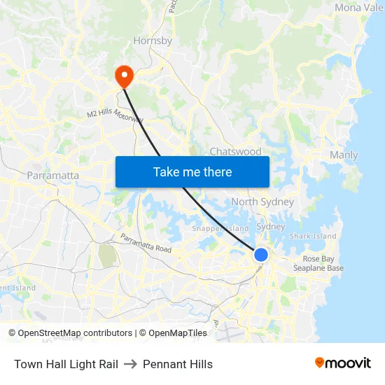 Town Hall Light Rail to Pennant Hills map
