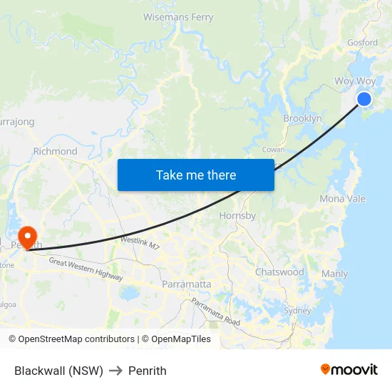 Blackwall (NSW) to Penrith map