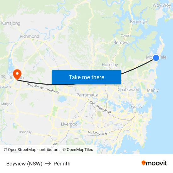 Bayview (NSW) to Penrith map