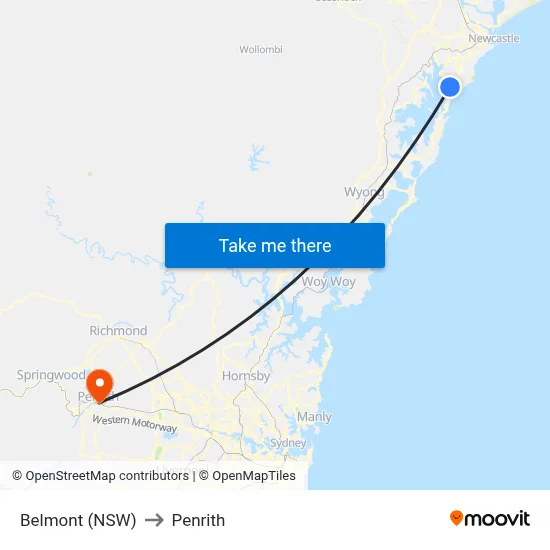 Belmont (NSW) to Penrith map