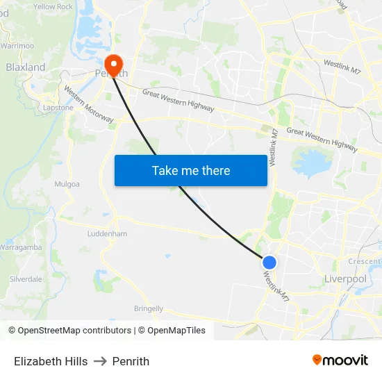 Elizabeth Hills to Penrith map