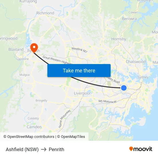 Ashfield (NSW) to Penrith map